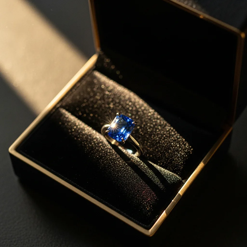 Coffret présentant une bague saphir sur velours